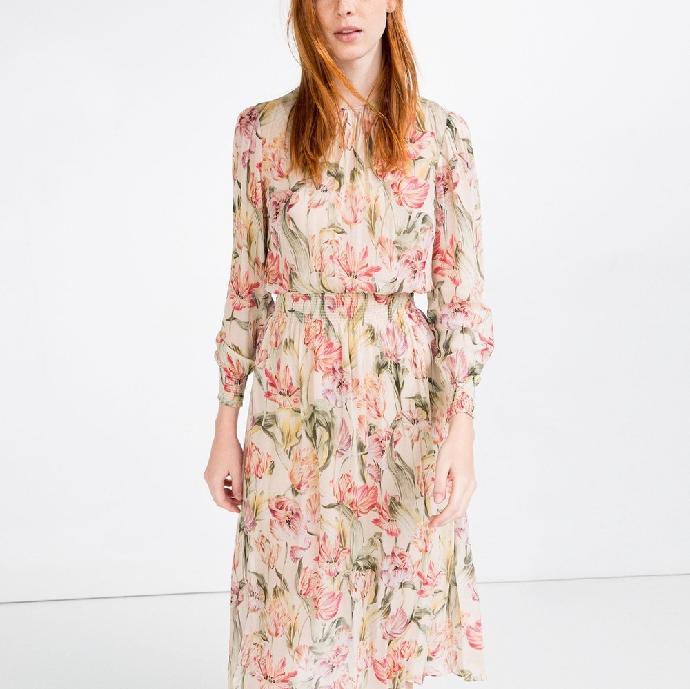 Floral Long-Sleeve Midi Dress in Pink and Cream